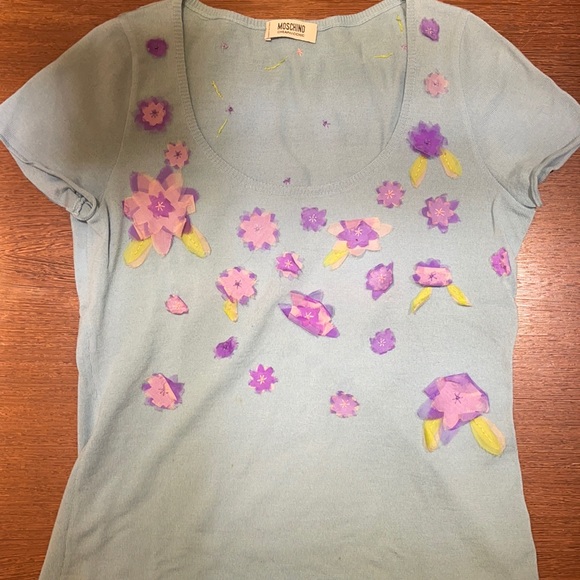 Moschino aqua cap sleeve knit top with pink and purple floral appliqués - Picture 2 of 5